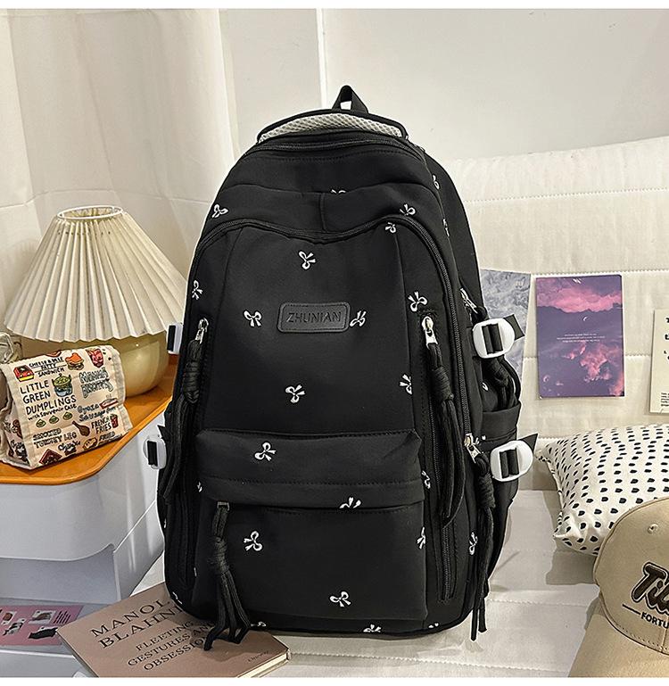 Schoolbag Cute Bow Embroidered Backpack Female Student Backpack Large Capacity Plush Pendant Elementary School Student Junior School Bag