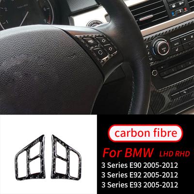 For BMW E90 E92 E93 3 Series 2005-2012 2Pcs Real Carbon Fiber Car Steering Wheel Button Frame Decorative