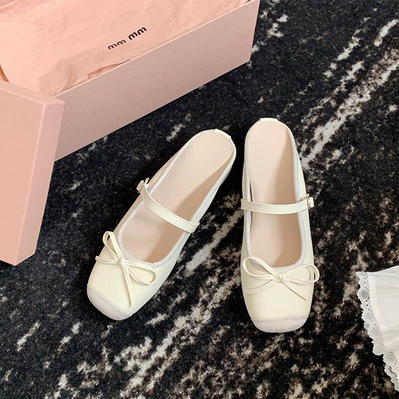Square Head Half Drag Mary Jane Shoes French Inner Height Increase Bow Word Shallow Mouth Ballet Single Shoes Women's New Sheepskin 32