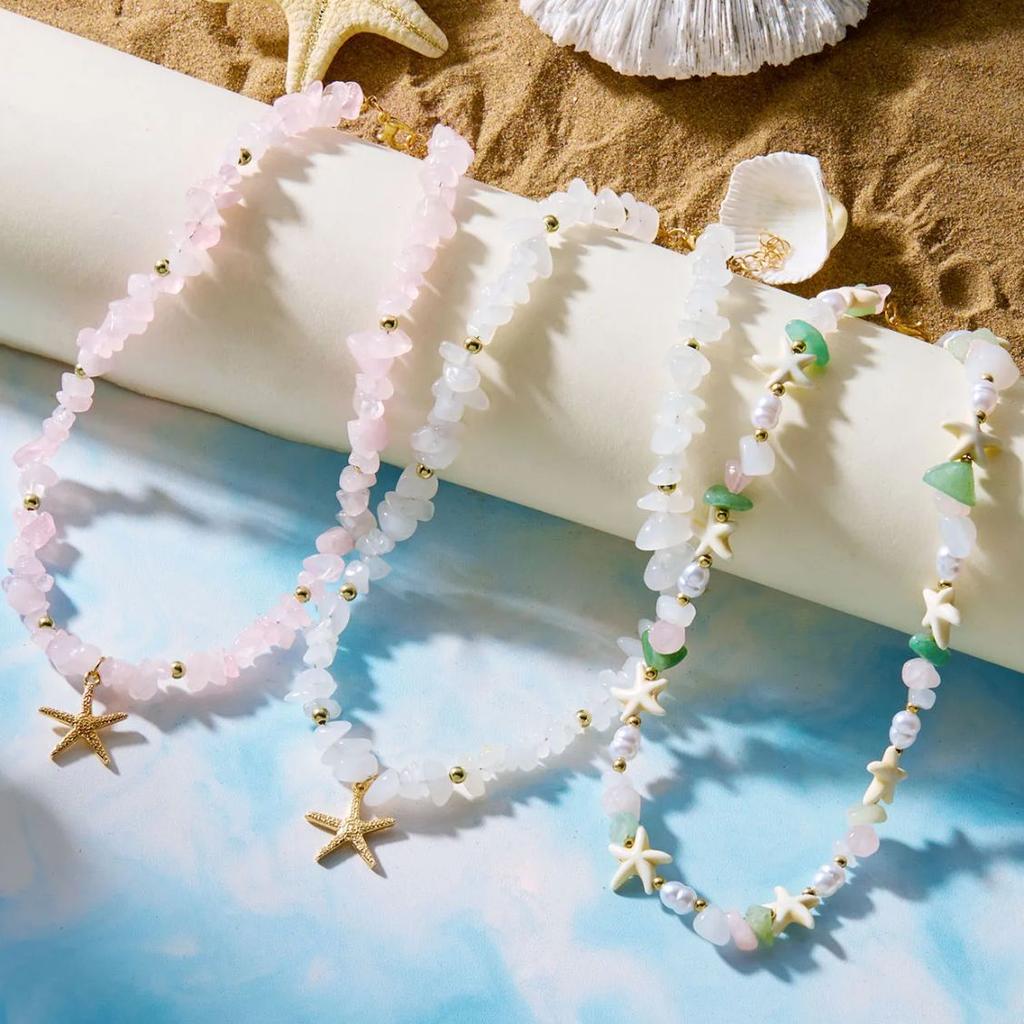 Irregular Colorful Natural Stone Beaded Necklace for Women Handmade Bohemian Starfish Clavicle Chain Beach Party Charm Jewelry