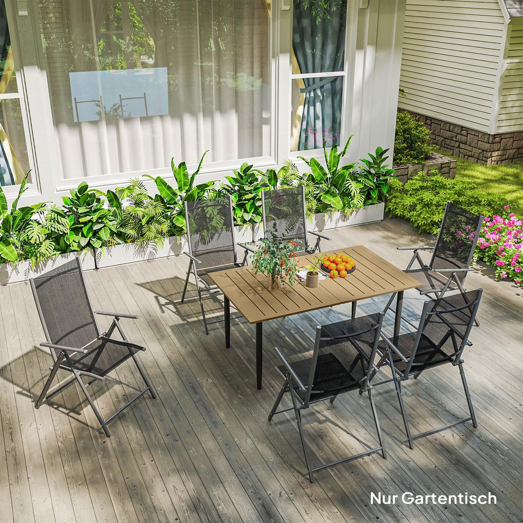 Garden Dining Table, 150 X 90 Cm Rectangle Outdoor Table with 5 Cm Parasol Hole, Slatted Tabletop and Steel Frame for Patio Balcony