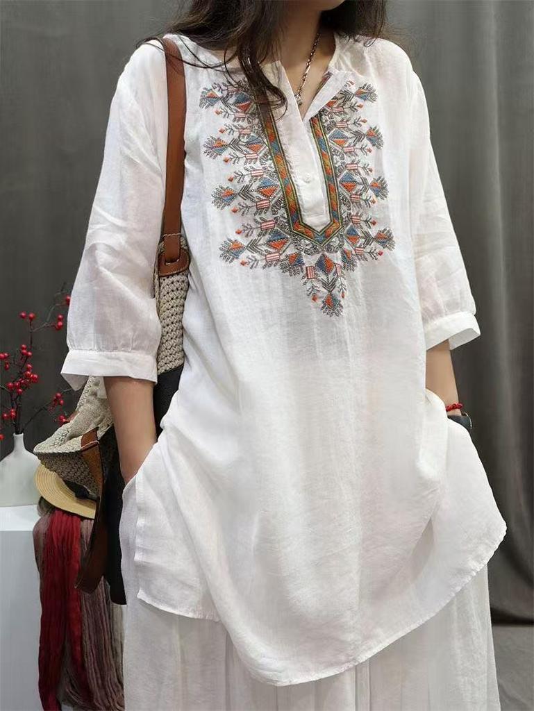 Plus Size Casual Embroidered Cotton-Linen Shirt: Spring & Autumn Retro Style