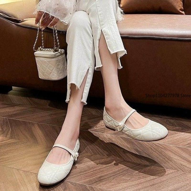 Fashion Imported Smallcow Leatherargyll Pearl Buckle Strap Shallow Sole Flat Women's Shoes Elegant Stylish Trendy Flat Heels Mary Janes