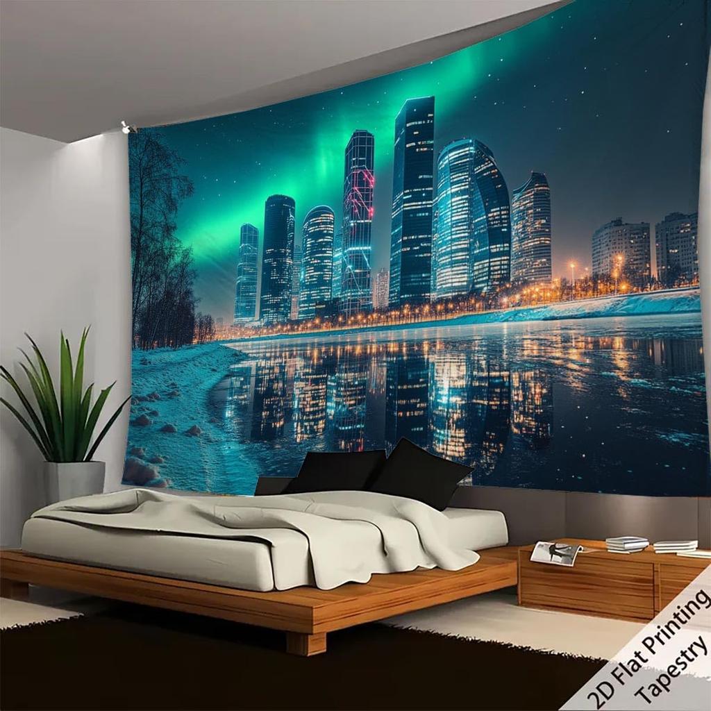 Fendrom City Night Punk Cityspace Tapestry Night Street Architecture Wall Decor Skyline Wall Hanging Green Landscape Ceiling