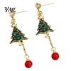 Holiday Jewelry Gifts 1 Pair Christmas Tree Earrings for Women, Colorful Rhinestone Shaped Gold Plated Alloy Dangle with Red Bead Charm, Winter