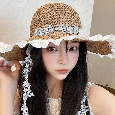Breathable Vacation Beach Cap with Garland Lightweight Big Brimmed Straw Hat with Lace Sunshade Topi Woven Sun Cap Summer