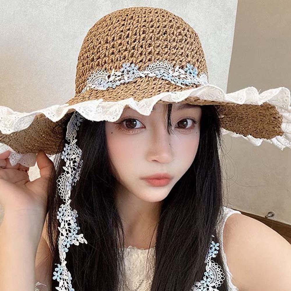 Lightweight Big Brimmed Straw Hat with Garland Woven Sun Cap Elegant Vacation Beach Cap  Summer