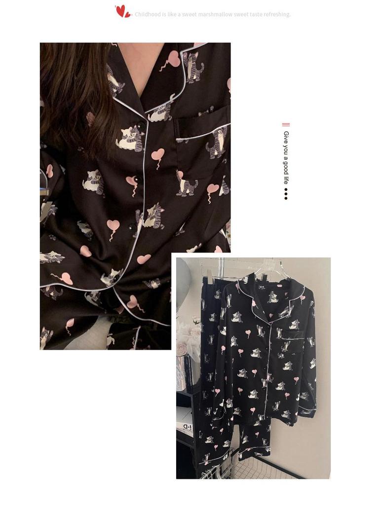 Women's Ice Silk Long-Sleeved Pajamas - Heart Balloon Design, Spring/Summer, Thin Style for Dormitory or Home Wear.