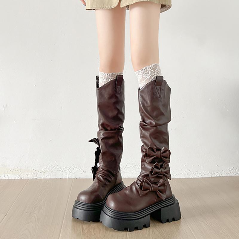 Fashion Vintage Height Increase Women Knee High Boots Fashion Butterfly-knot Ladies Thick Heel Long Knight Booties Autumn Winter
