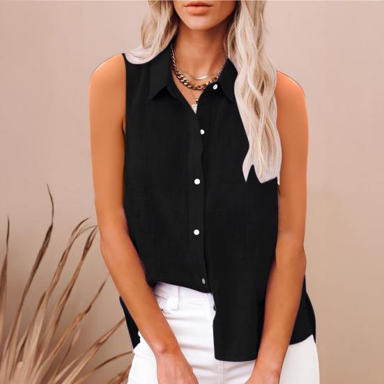 Women Shirt Lapel Sleeveless Button Down Shirt Pure Color Loose Fit