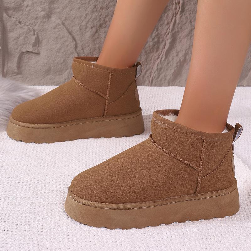 Women Winter Large Size Round Toe Thick Sole Snow Boots Casual Short Tube Velvet Fur Warm Cotton Shoes Solid Color 36-41