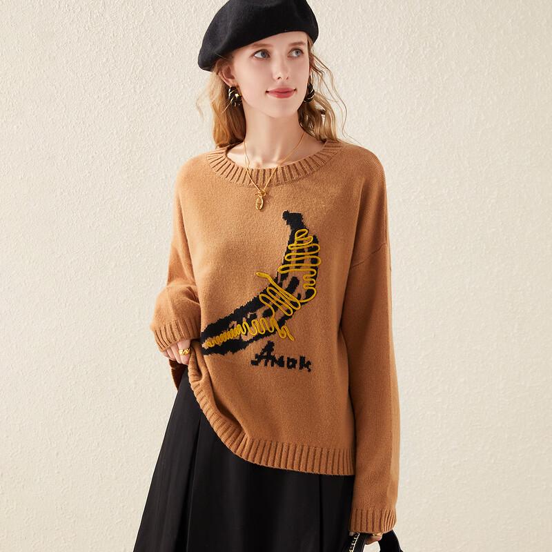 TUHUANG Women's Thickened Jacquard Pure Wool Semi-High Neck Sweater