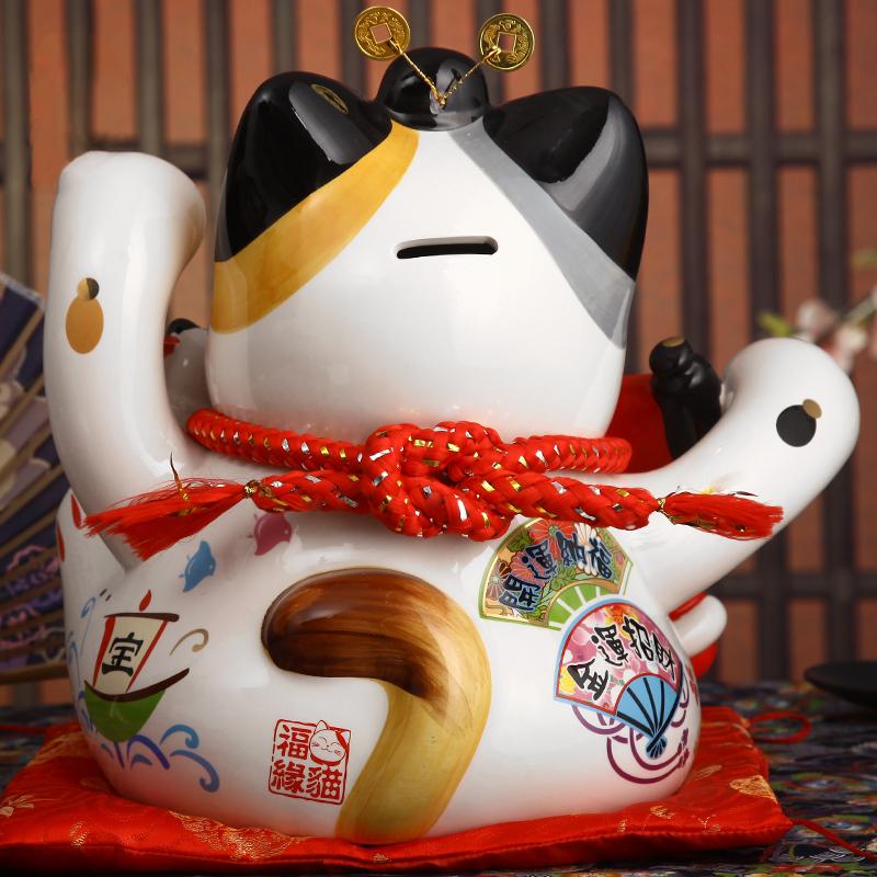 9 inch Ceramic Maneki Neko Coin Box Lucky Cat Ornament Home Decoration Feng Shui Figurine Platus Cat