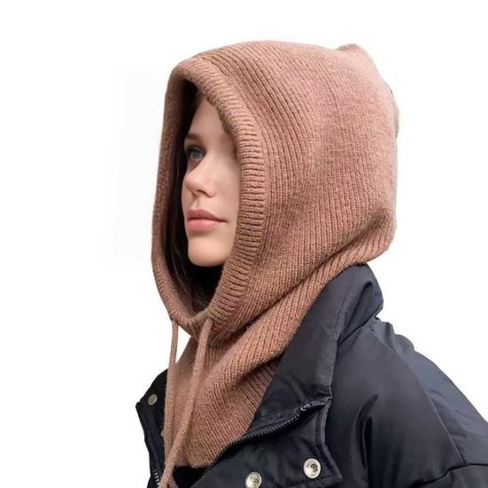Knitting Hat Scarf Set Solid Color Adjustable Drawstring Scarf Hat Women Winter Warm Windproof Elastic Thermal Hat