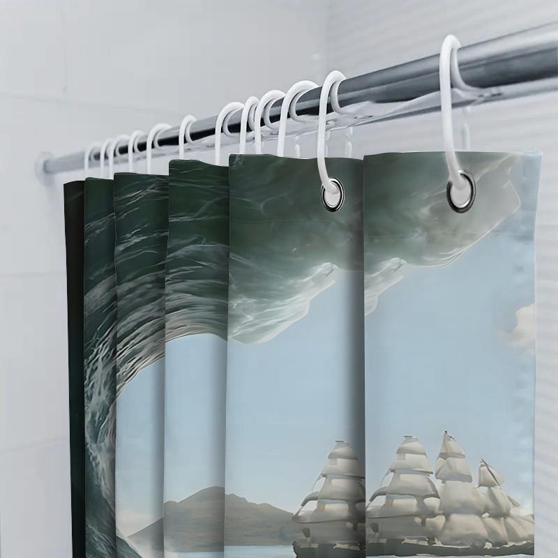 Shower Curtain Waterproof Printing Decorative Bath Shower Room Home Decoration Ocean Wave Ship Design Blue White Curtains for Ba