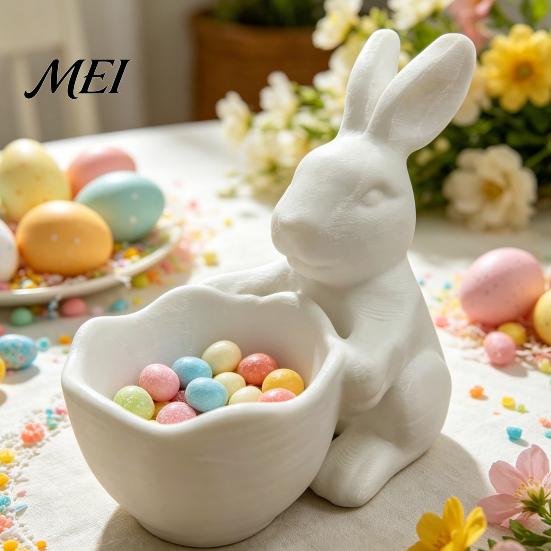 Kids Craft Paintable Bowl 3D Printed Easter Bunny Candy Bowl, Cute Rabbit Holding Figurine, DIY White Desk Smooth Surface Decor for Living Room
