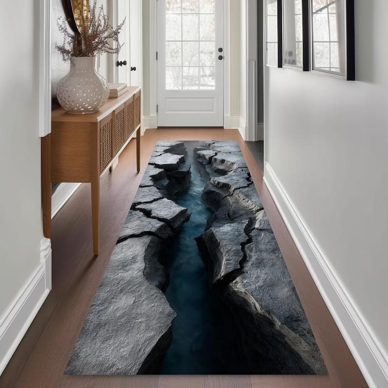 3D Visual Rock Stream Carpet Mat Non-slip Rug Home Decoration Canyon Natural Pattern Floor Mat for Living Room Corridor Decor