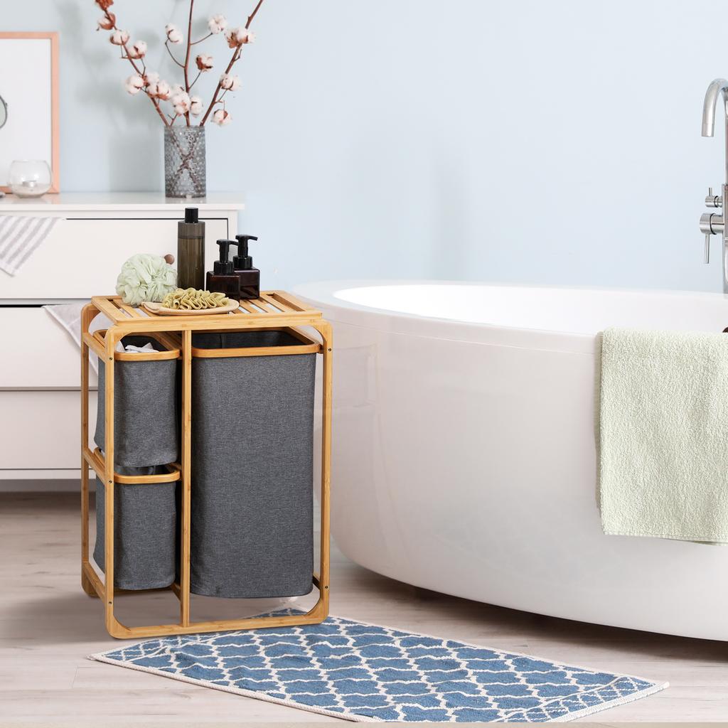 Laundry Basket Made of Bamboo, 3 Removable Baskets 50 cm x 32 cm x 69.7 cm Natural Gray