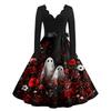 Women's Casual V Neck Long Sleeve Dress Halloween Print Fit and Flare Waist Tie Belt Knee Length Dress