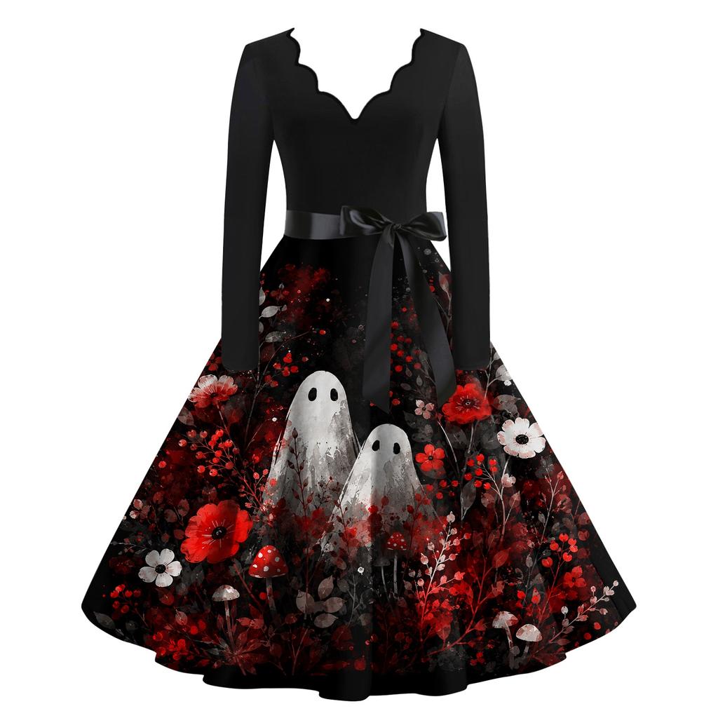 Women's Casual V Neck Long Sleeve Dress Halloween Print Fit and Flare Waist Tie Belt Knee Length Dress