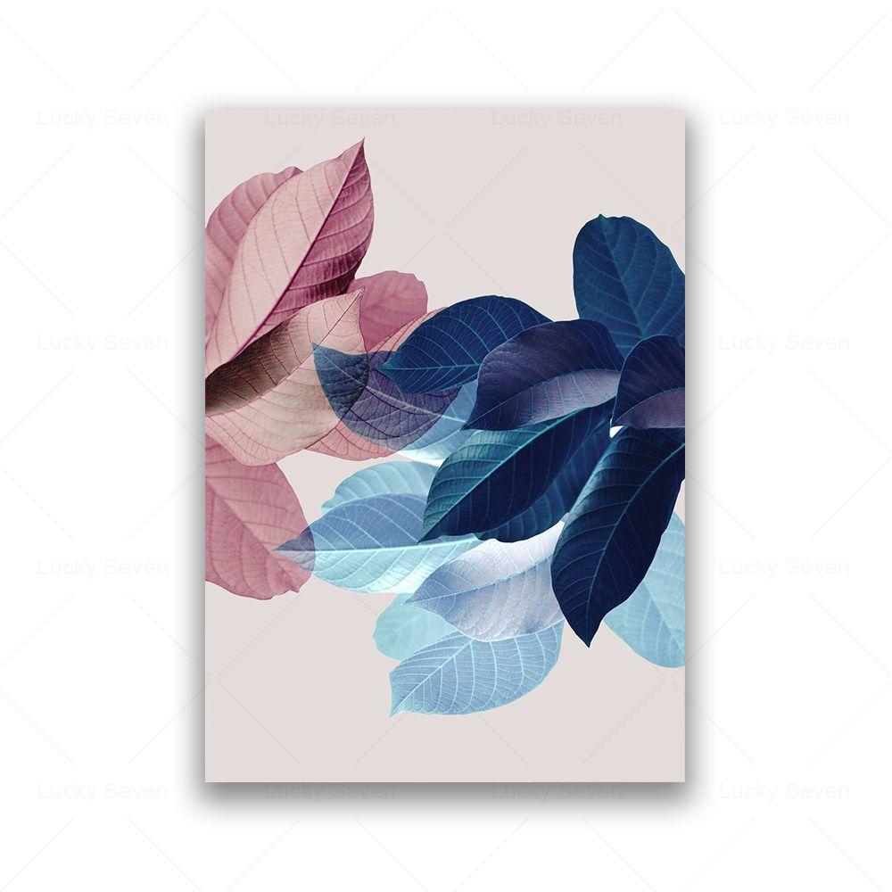 Tropical Plant Leaves Wall Art Canvas Painting Pink Flower Blue Abstract Nordic Posters and Prints Picture for Living Room Decor