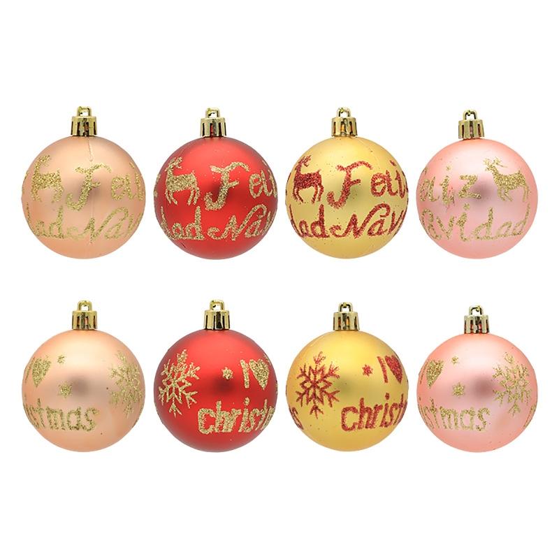 6Pcs Christmas Tree Plastic Hanging Ball Ornaments Glitter Letters Deer Snowflake Printed Shatterproof Pendants Baubles