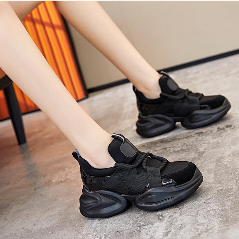 Genuine Leather Platform Shoes  Women's New Black Thick Soles Internal Height Increasing Sports Shoes White Sneakers Women