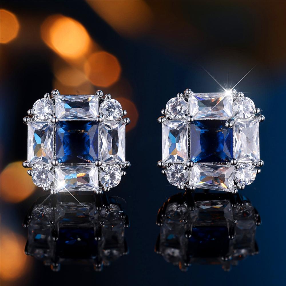 Cute Female Crystal White Blue Zircon Squarel Stone Stud Earrings Silver Color Wedding  For Women