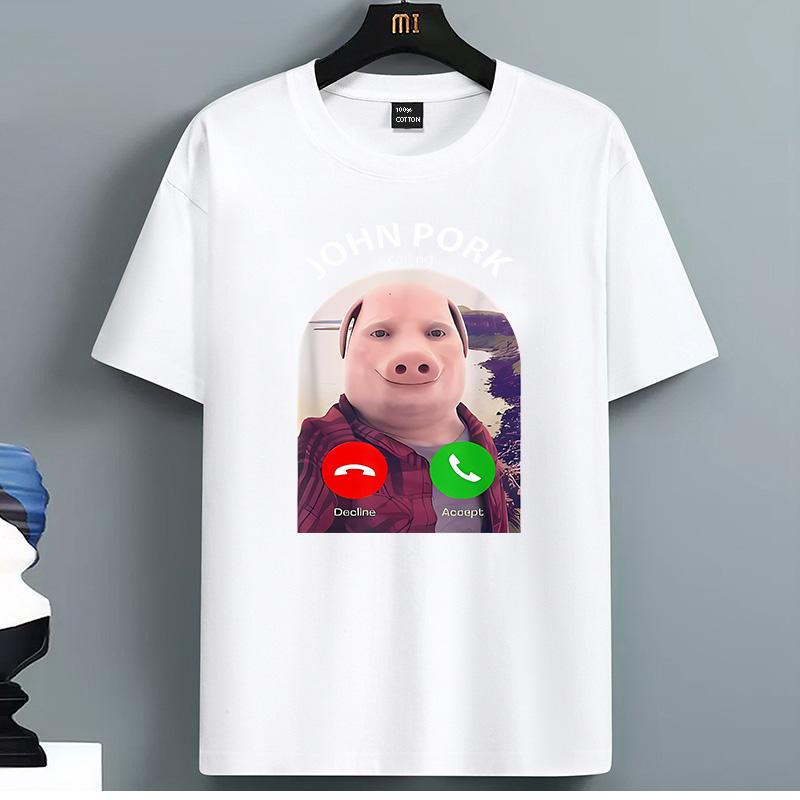 White Short Sleeve John Pork Meme Graphic T-Shirt with Call Button Design