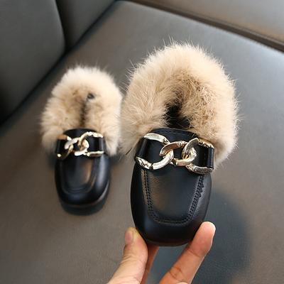 Kinder Pelzschuhe Kinderschuhe Baby Mädchen Warme Ballerinas Kleinkind Schwarze Schuhe Prinzessin Loafer Kette Winter