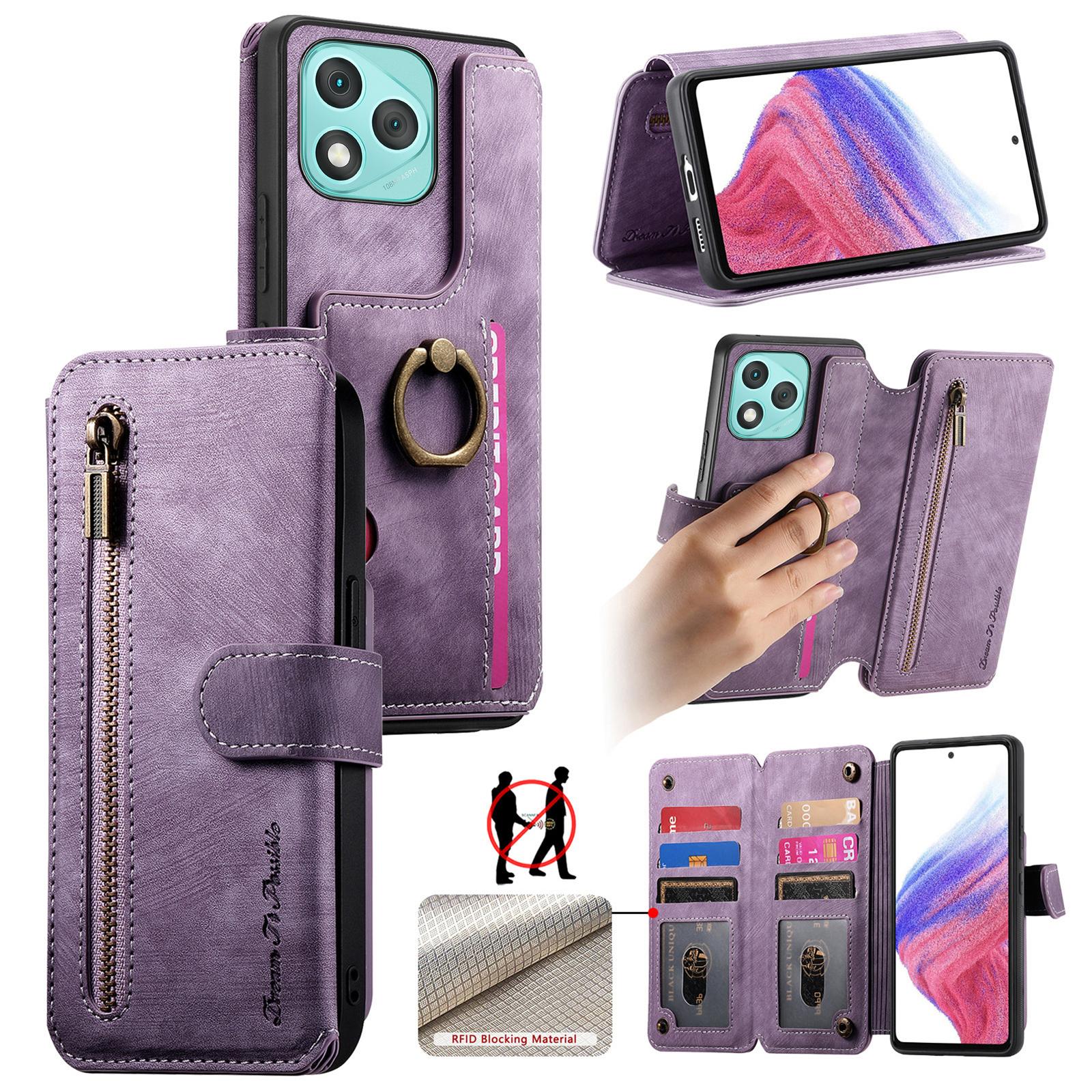

For Honor 400 Lite 5G Leather Phone Back Cover with RFID Blocking Zipper Wallet Kickstand Purple