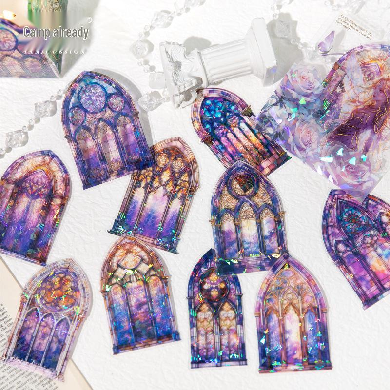 Yan Ji PET Cold Stamping Sticker Pack: Seven-Color Glazed Series, 20 Sheets, European Style Stained Glass Theme, 6 Styles Available.