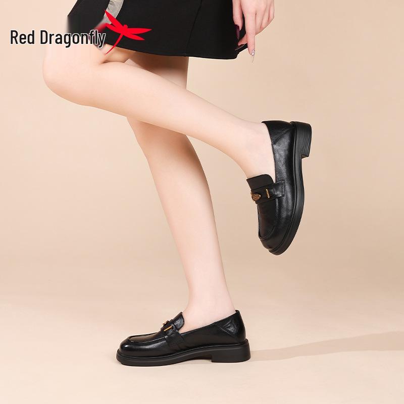 Red Dragonfly Black Genuine Leather Women's Slip-on Loafers - Comfortable British Style Spring/Autumn Shoes with Soft Sole.