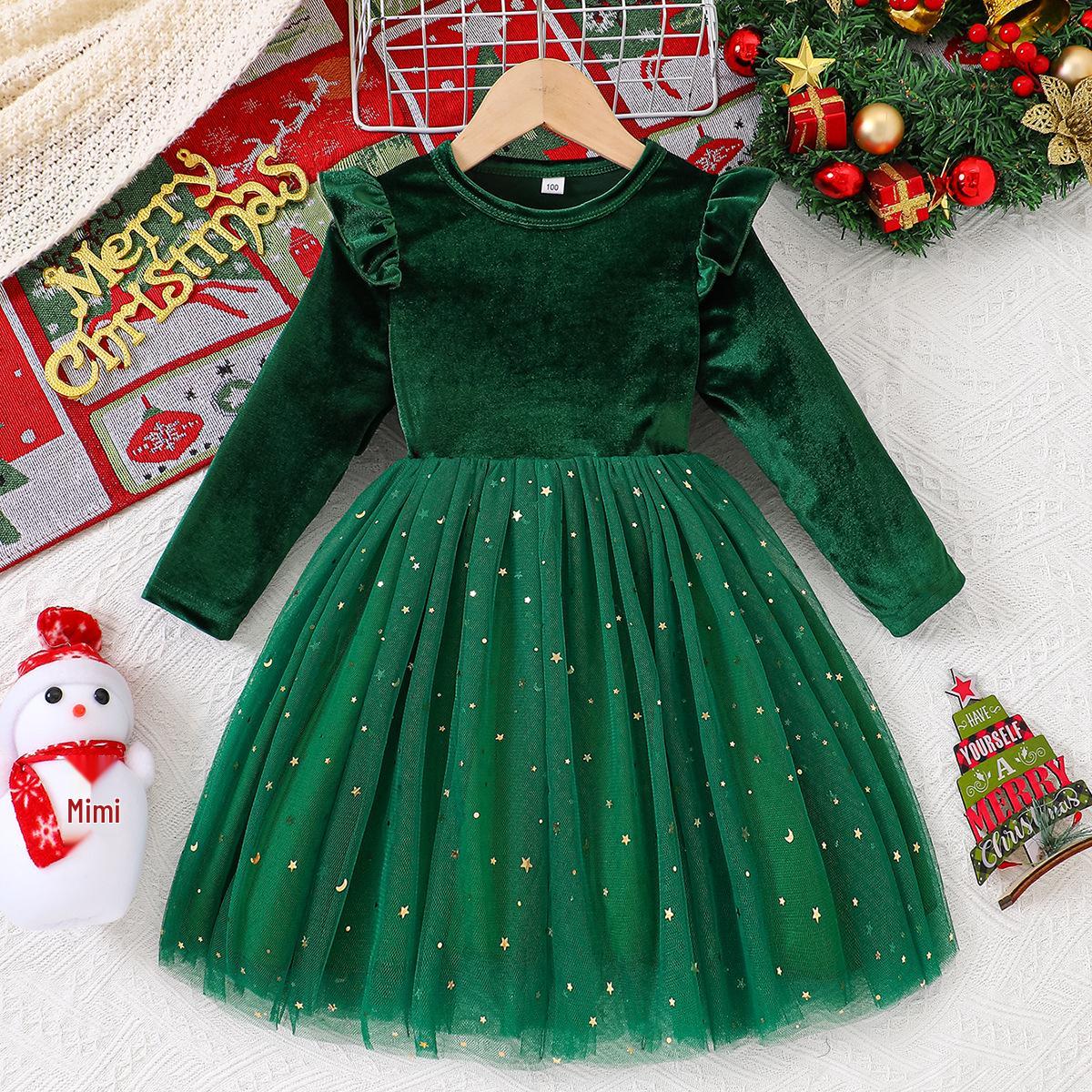 

European & American Style Girls Christmas Gold Velvet Star Mesh Dress 100 cm зелений