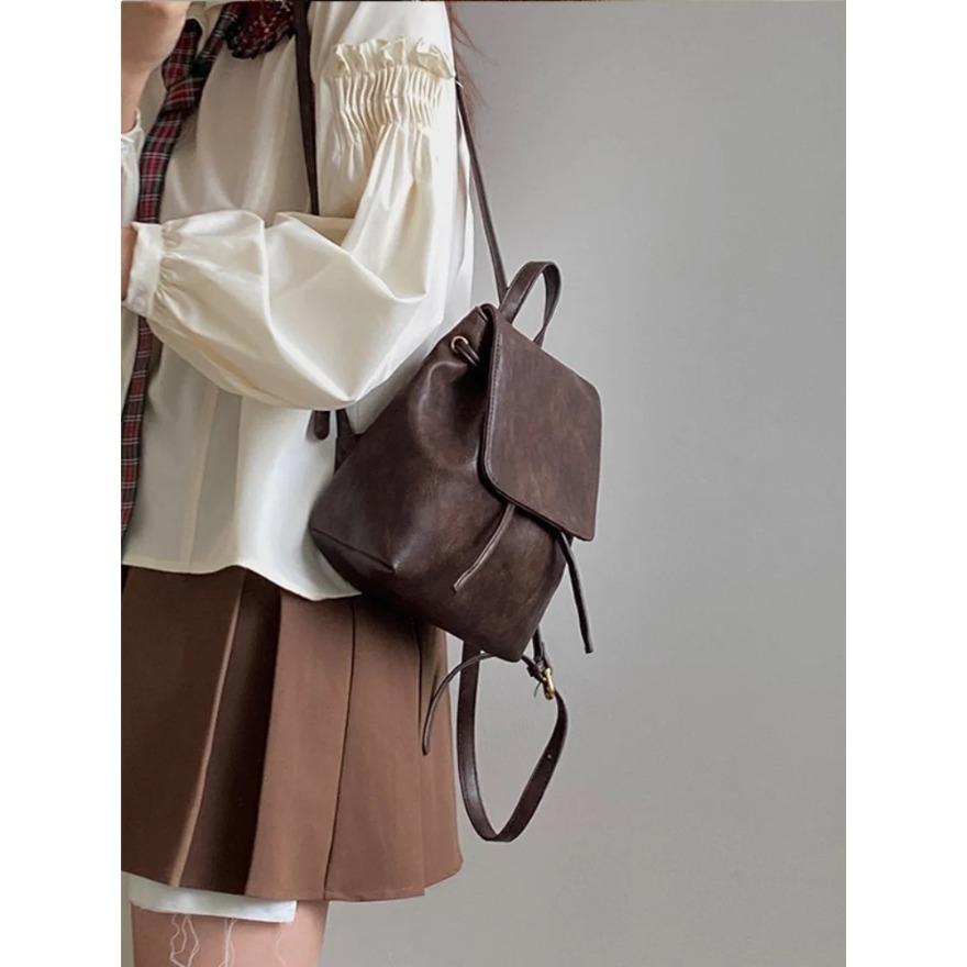 Vintage Women Leather Backpack Fashion Mini Brown Knapsack Ladies Lightweight Double Shoulder Bags Female Multi-Function Handbag