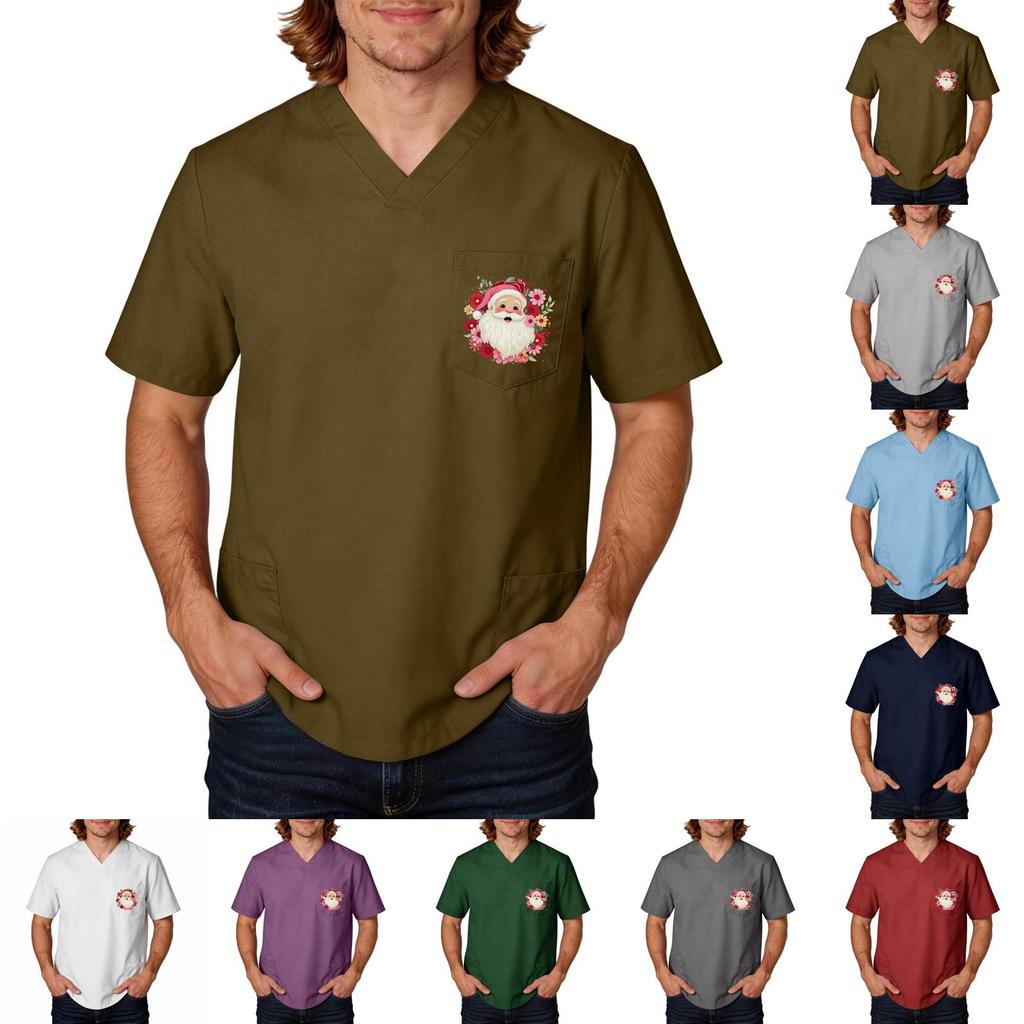 Men's Christmas Print Scrub Top, Holiday Uniform for Caregivers and Nurses