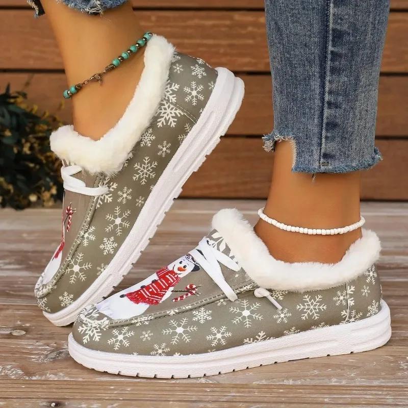 New Christmas Canvas Shoes Flat Shoes for Women Warm Imitation Fur Loafers Women Luxury Women Plus Size Shoes  Zapatos De Mujer