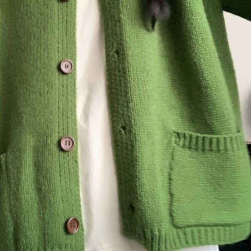 Green Embroidered Knitted Cardigan Women's Solid Color Retro Outerwear Ladies Sweater Coat Autumn Loose Versatile Top
