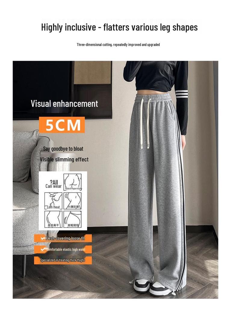 Women's High-Waist Drawstring Wide-Leg Sweatpants, Grey Fleece-Lined with Three Stripes - Spring, Autumn, & Winter Casual Floor-Length Draping Style.