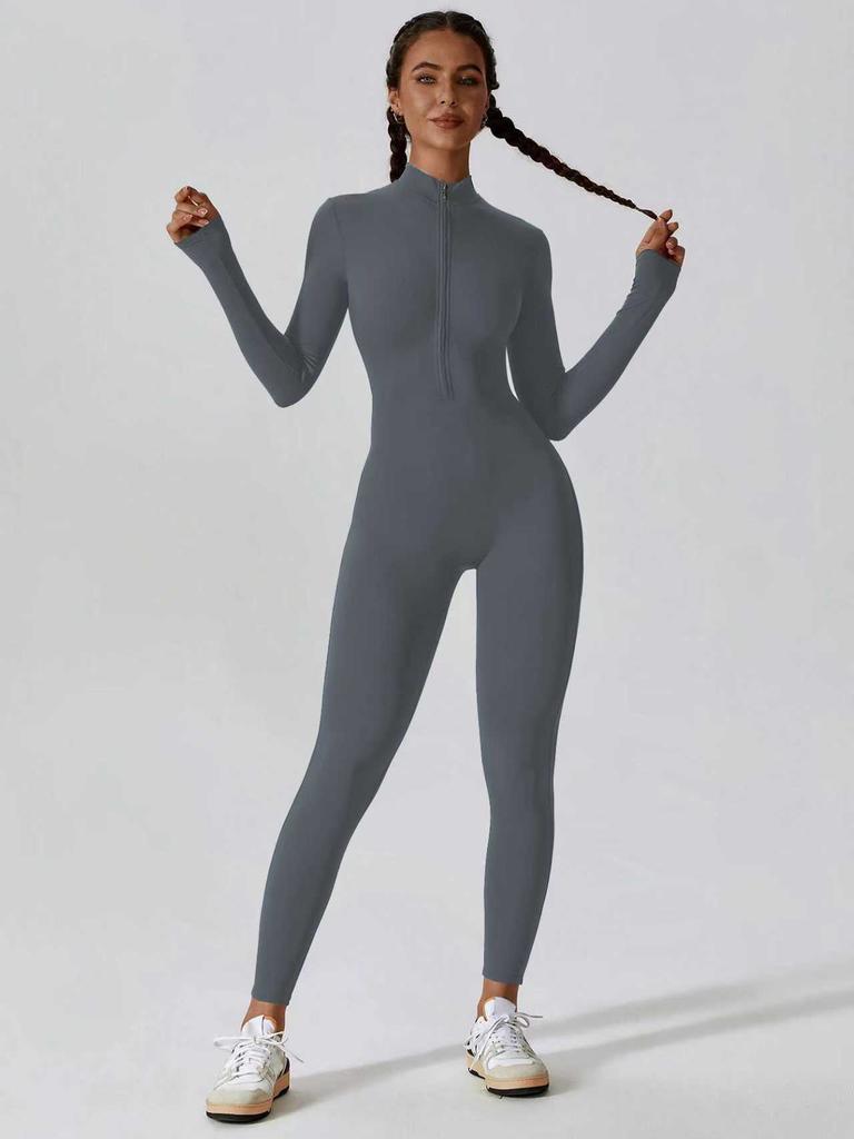 Damen Reißverschluss Langarm Enganliegend Hohe Elastizität Jumpsuit, Sport Yoga Hose, Slim Fit, Bequem und Hautfreundlich.