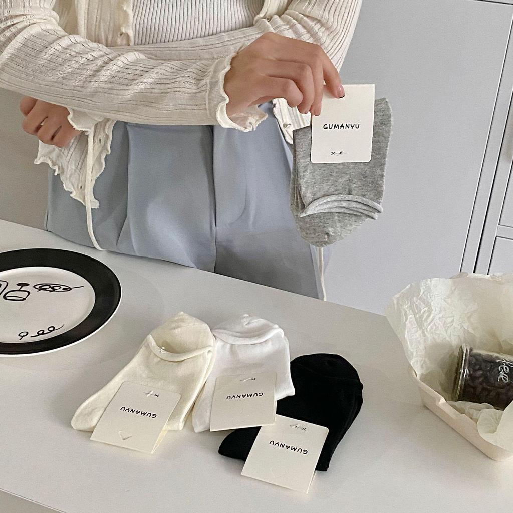 Women's Mid-Calf White Cotton Socks - Spring/Summer Korean & Japanese Style, Rolled Edge, Solid Color, Short Black Option Available