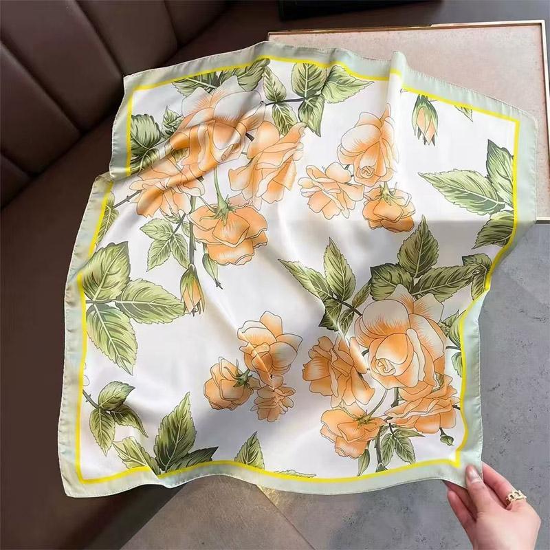 70Cm Luxury Floral Print Silk Square Scarf For Women Soft Satin Kerchief Hair Band Female Headband Hands Bag Ribbions Head Hijab