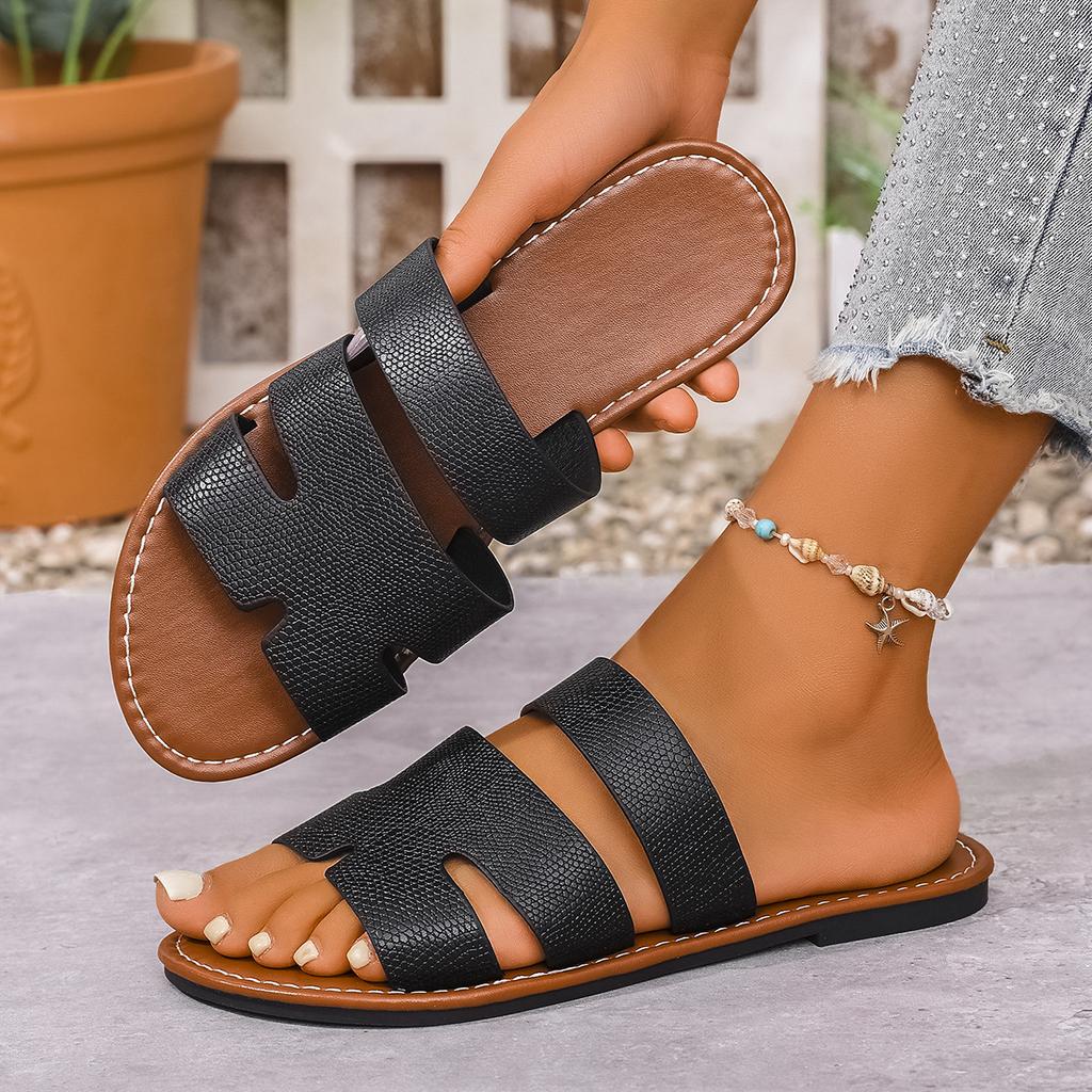 Damen Ein-Wort-Sandalen mit flachem Boden 2025 große Größe Sommer neu runder Kopf bequem flacher Boden Ein-Pedal coole Hausschuhe