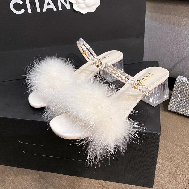 Two Crystal Thick Heel Fluffy Cool Slippers Women's Summer 2025 New One-word Strap with Skirt High Heels