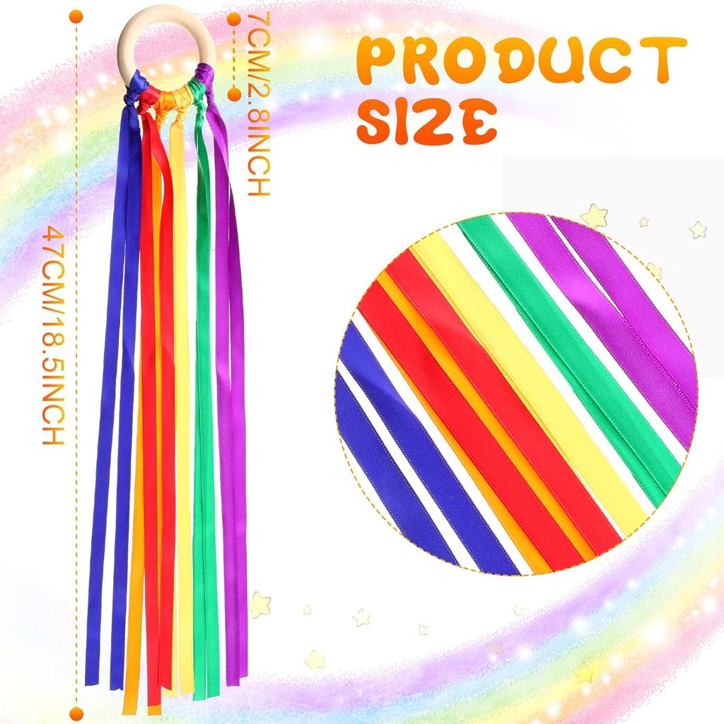 Junkin 24 Pcs Rainbow Hand Kite Waldorf Toys Creative Dancing Ribbon Streamer with Wood Ring Wrist Sensory Toys Learning Educational Toy for Playroom