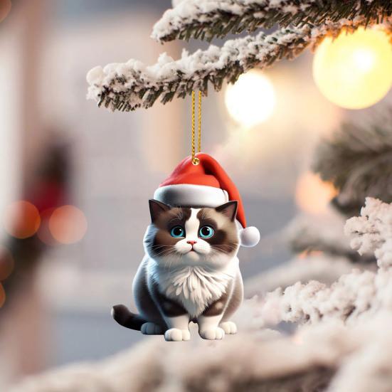 Christmas Cat Ornament 2D Acrylic Cute Cat Xmas Tree Pendant