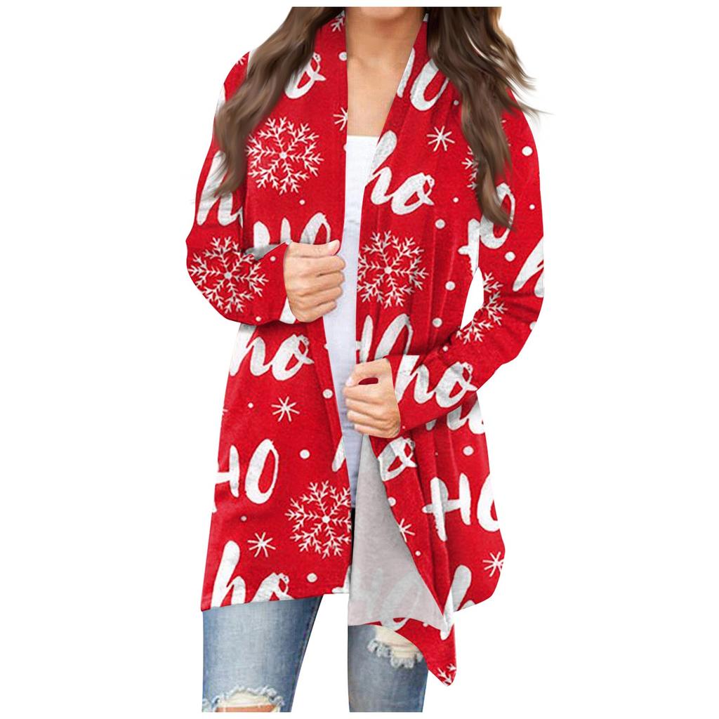 Damenmode, lässig, Weihnachtsdruck, mittellanger Cardigan-Jackenmantel