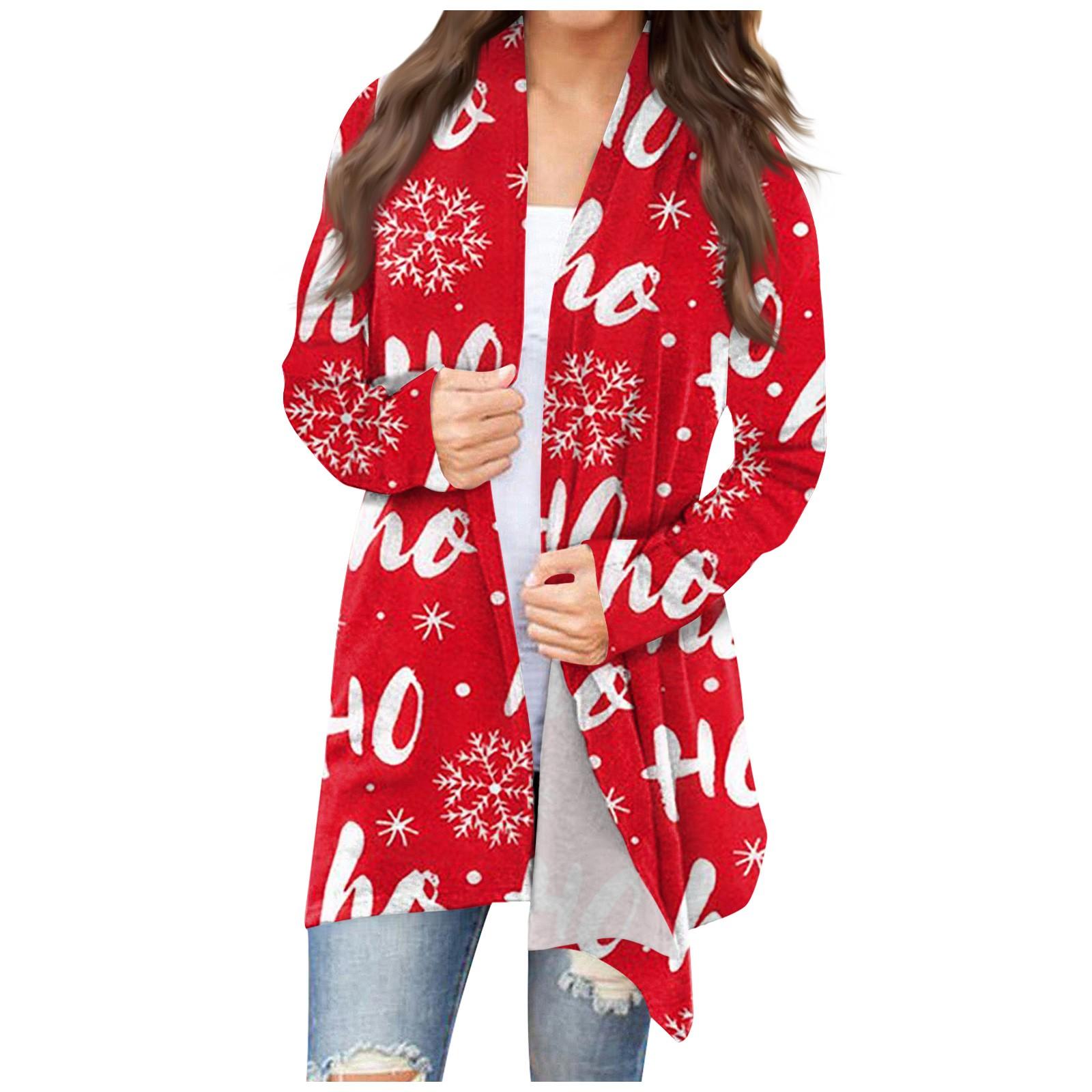 

Женская мода, повседневный рождественский принт, кардиган средней длины, куртка, пальто XXXL красный