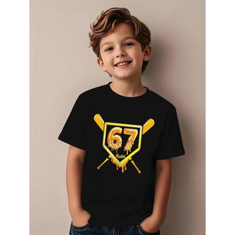 European sizes Kids' 67 Number Print Baseball Bat & Drip Graphic T-Shirt - Casual Short Sleeve Round Neck Summer Top for &, H-Line Fit