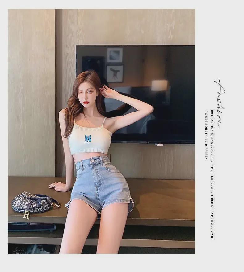 Korean Style High Waist Split-Leg Light Blue Denim Shorts - Women's Slimming Wide-Leg Summer Hot Pants